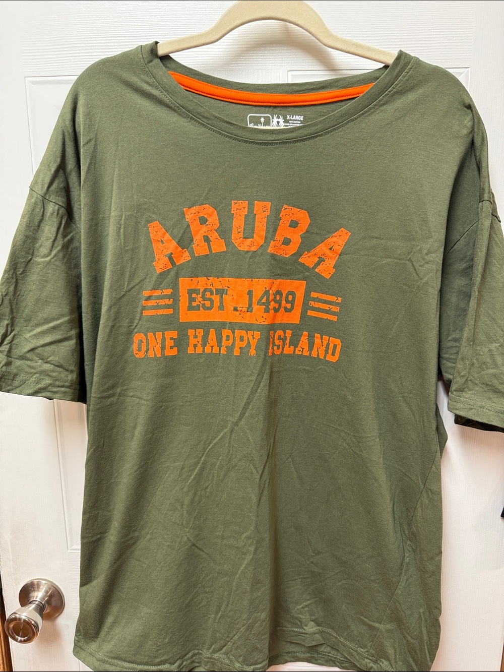 Aruba Souvenir Olive Green Tee with Bright Orange Trim